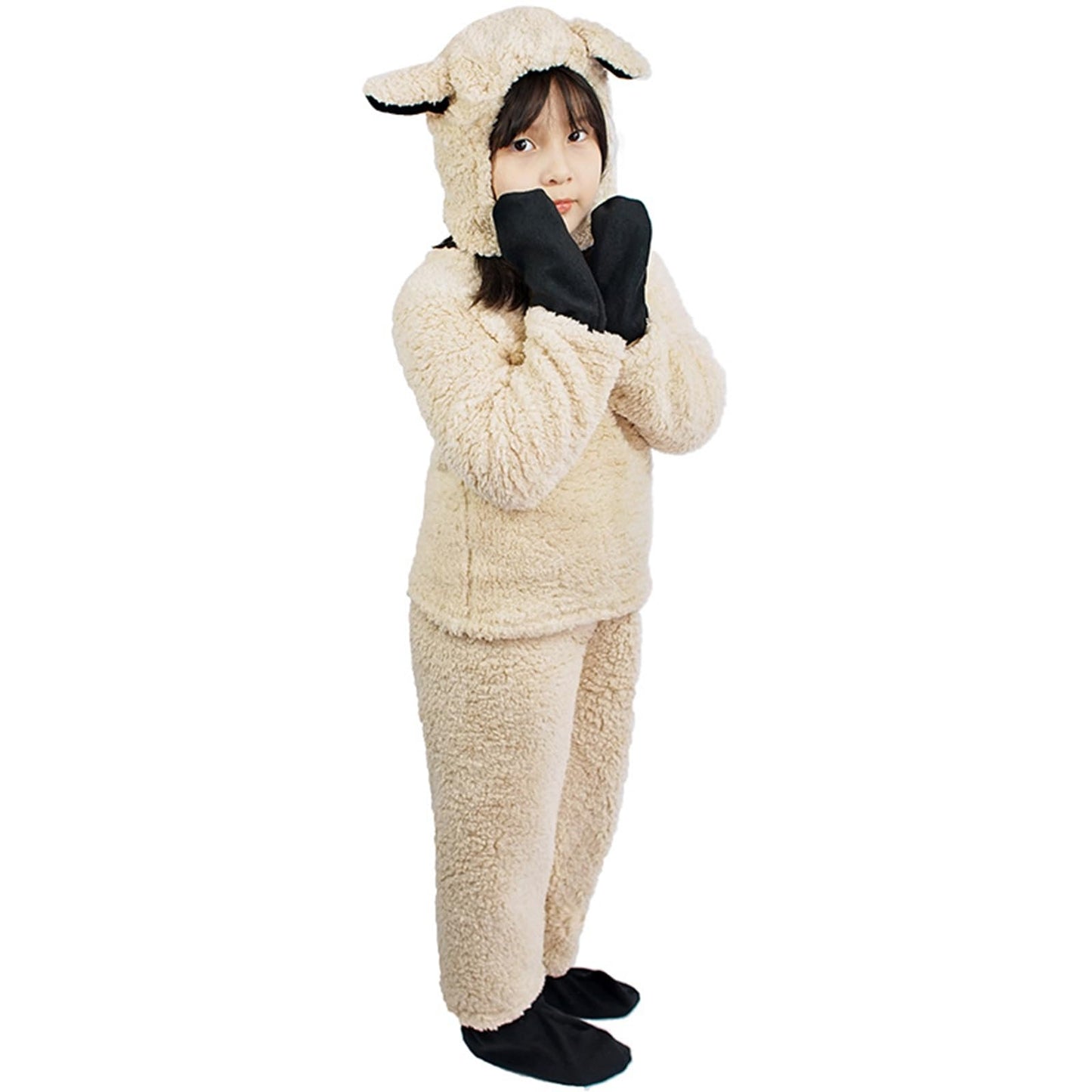 Feibel Kids Sheep Costume Fuzzy Little Lamb Halloween Christmas Outfit Long Sleeve Top + Pants + Hat + Gloves + Socks (Beige, L)
