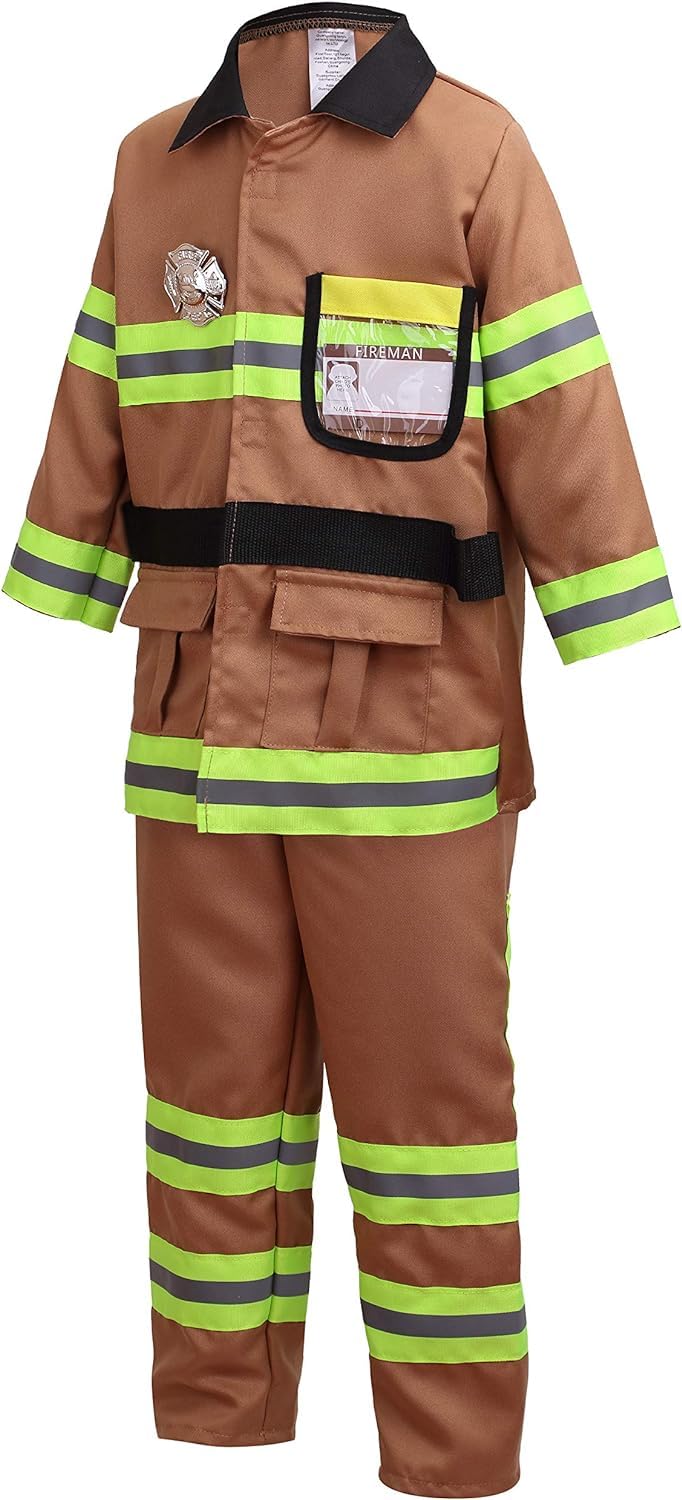 Yolsun Tan Fireman Costume For Kids, Boys' And Girls' Firefighter Dress Up (7 Pcs) 8-9 Years