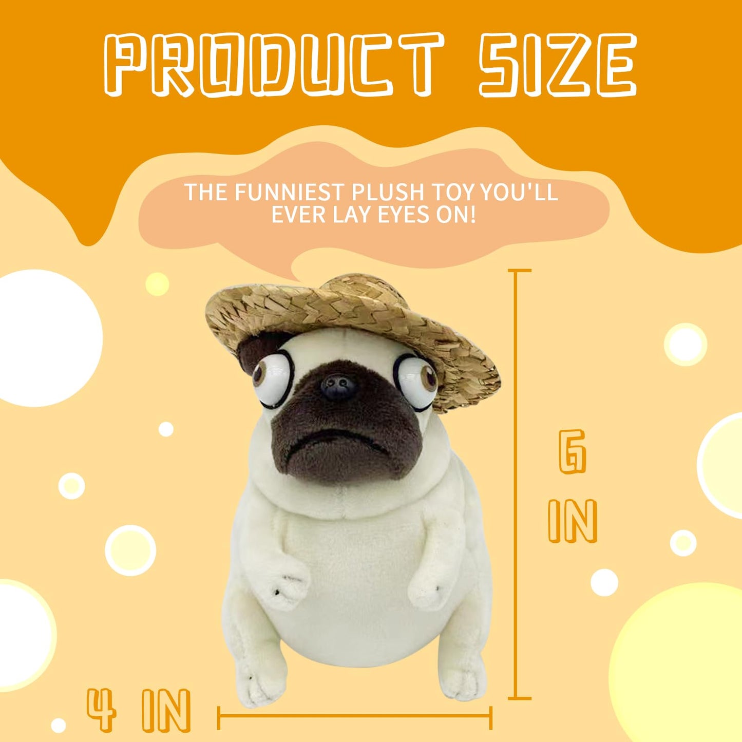 Cwzy Hilarious Pug Stuffed Animal With Straw Hat - 6' Funny Ugly Cute Pug Dog Plush Toy, Weirdo Stuffed Animal Pug Plushies For Kids Boys Adults Valentines Birthdays Gift