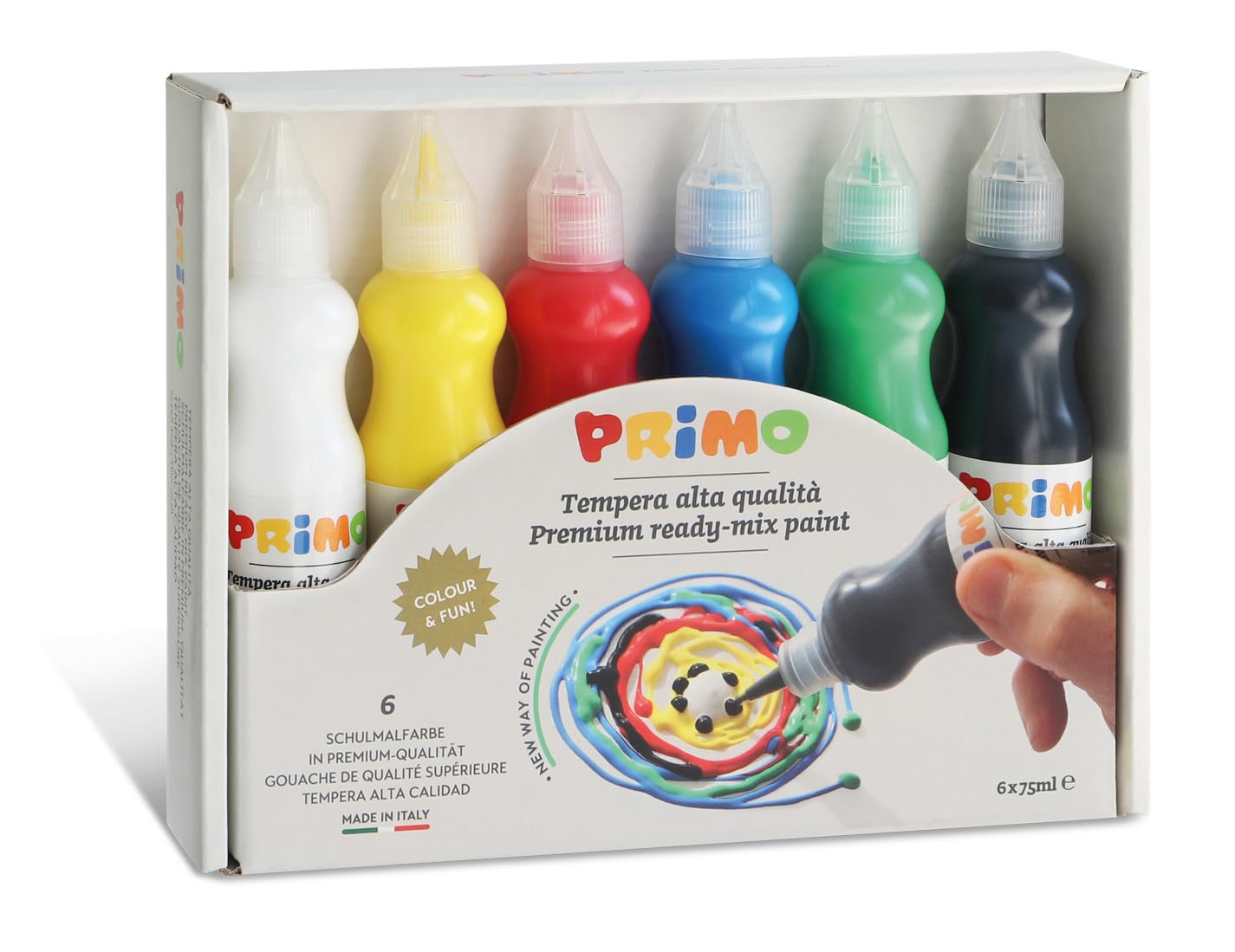 PRIMO Tempera Paint Bottle Set, 75ml, 6-Colors, Classic, Non-Toxic, Washable, for Young Artists