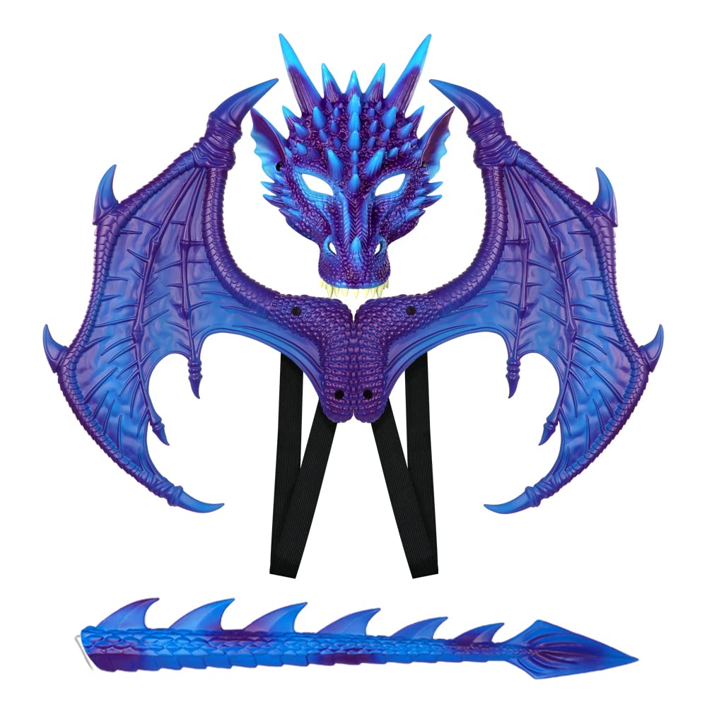 Crtepst Dragon Costume For Kids Boys Girls, Dragon Wing Tail Mask Set,Halloween Dinosaur Cosplay Set For Child (Blue Purple)