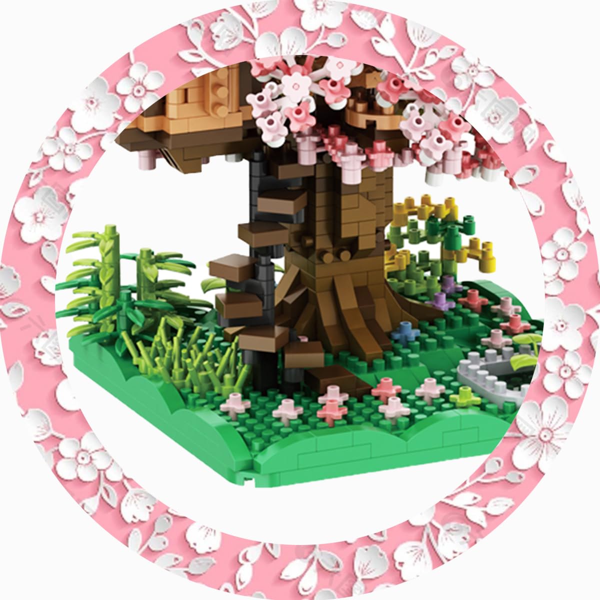 Bdydt Pink Cherry Blossom Bonsai Tree Building Blocks Set,(1443 Pieces) Flower Treehouse Model Mini Building Block Toys,Tree Hou