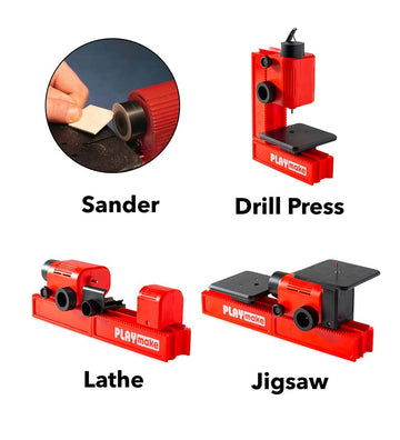 Playmake Kids’ 4-In-1 Woodshop Carpentry Cool Tool With Jigsaw, Lathe, Drill Press, Sander, Power Supply, Safety Goggles, Extra Supplies, And Deluxe Project Book