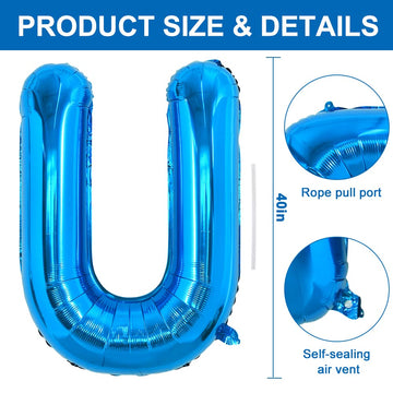 Toniful 40 Inch Large Blue Letter U Balloons Giant Alphabet Letter Balloons,Foil Mylar Big Balloons For Birthday Party Anniversa