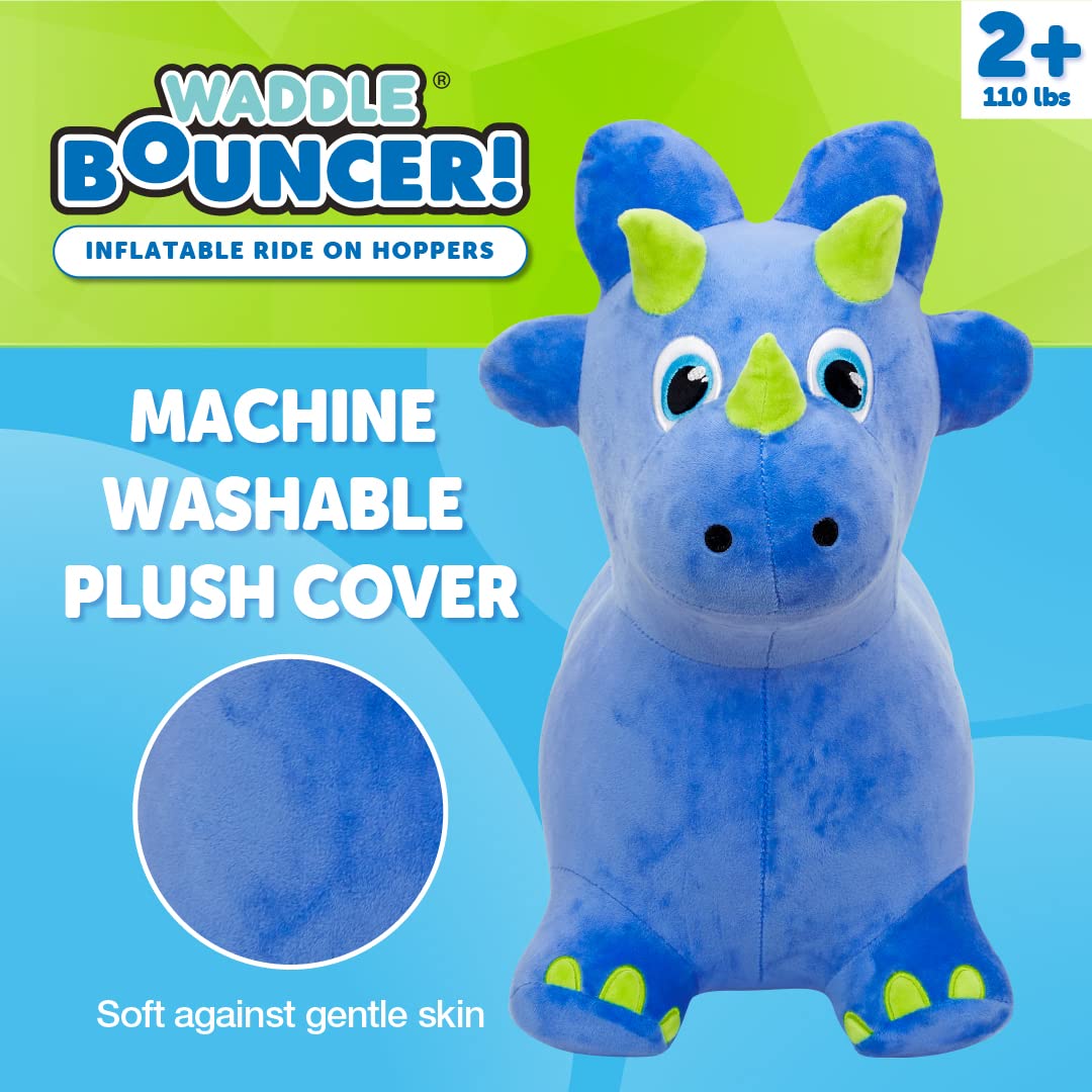 WADDLE Bouncy Hopper Triceratops - Plush Inflatable Toy for Toddlers & Kids, Indoor/Outdoor Use, Pump Included, Ages 2+
