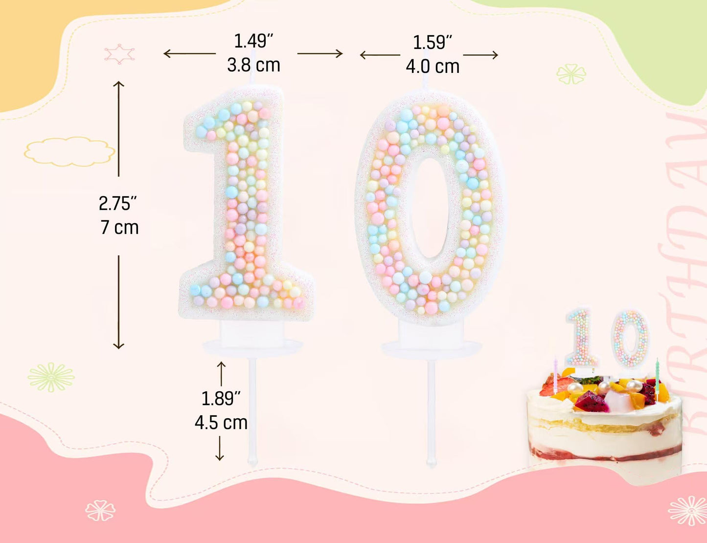 EAKE 10th Birthday Candle - Macaron Glitter Pastel Number 10, Multicolor Wax Decoration for Cake, Ideal for Girls' Birthday & Anniversary Parties