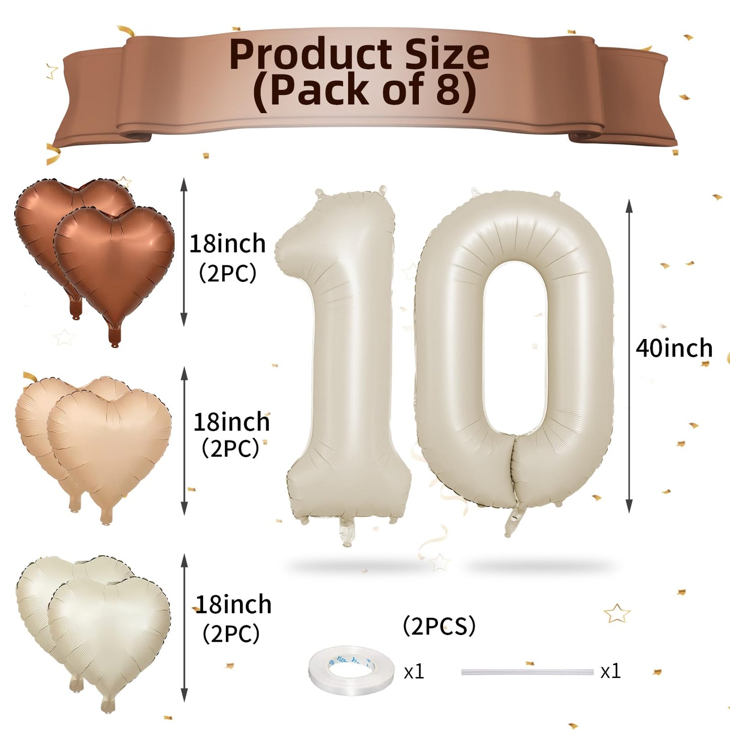 Biapian 40 Inch Cream Number 10 Balloons, 8Pcs Large Foil Number 1 & 0 Balloons With 18'' Cream White Heart Balloon Helium For 1