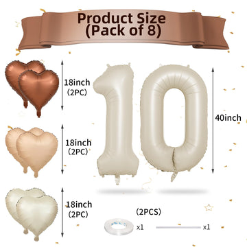 Biapian 40 Inch Cream Number 10 Balloons, 8Pcs Large Foil Number 1 & 0 Balloons With 18'' Cream White Heart Balloon Helium For 1