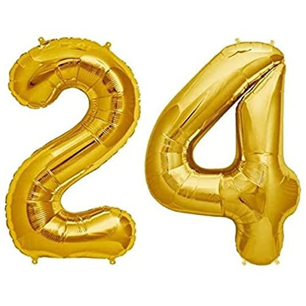 On Blow 24 Number Gold Foil Balloon 16 Inch Size for Birthday Celebrations, Anniversary, Engagement, Wedding, Farewell Party Dec