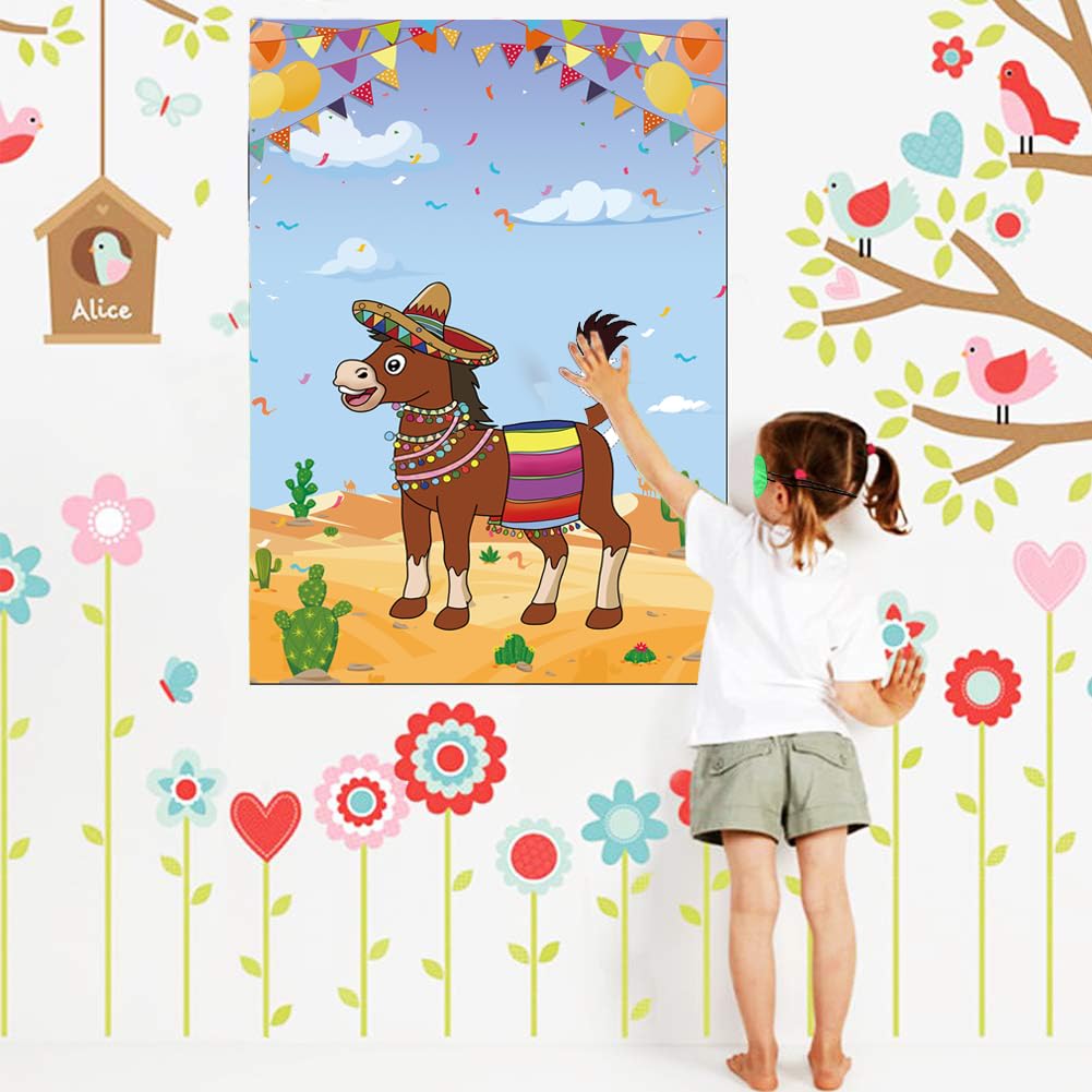 T-Antrix Pin The Tail On The Donkey Party Games For Kids With 21'' X 28'' Mexican Donkey Poster, Reusable Tails Party Supplies F