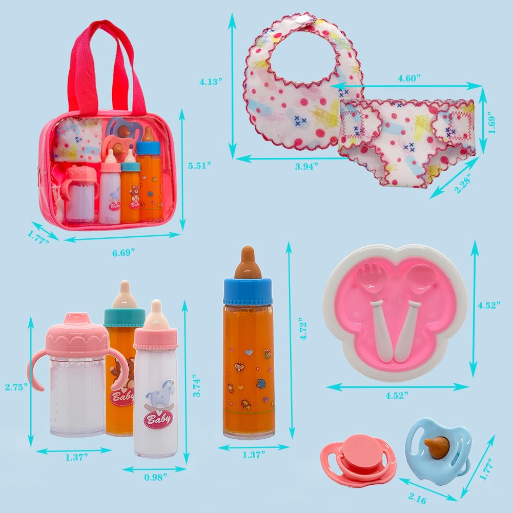 Baby Doll Accessories Magic Bottle Set - 11 Pieces Doll Feeding Pretend Playset With Disappearing Milk & Juice Bottles, Pacifier