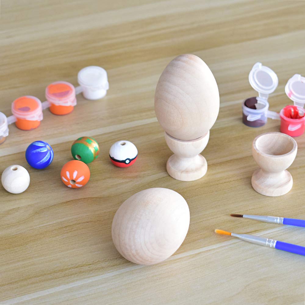 HOKPA Wood Eggs with Wooden Egg Cup Holders, Unpainted Craft Eggs, 6 Cups and Smooth Eggs in a Pack, Display DIY Easter Hallowee