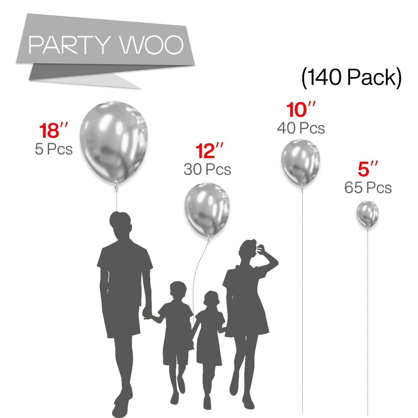 PartyWoo Metallic Silver Balloons - 140 pcs Pack in 18", 12", 10", 5" Sizes, Rubber Material, Perfect for Party Decorations, Silver-G102