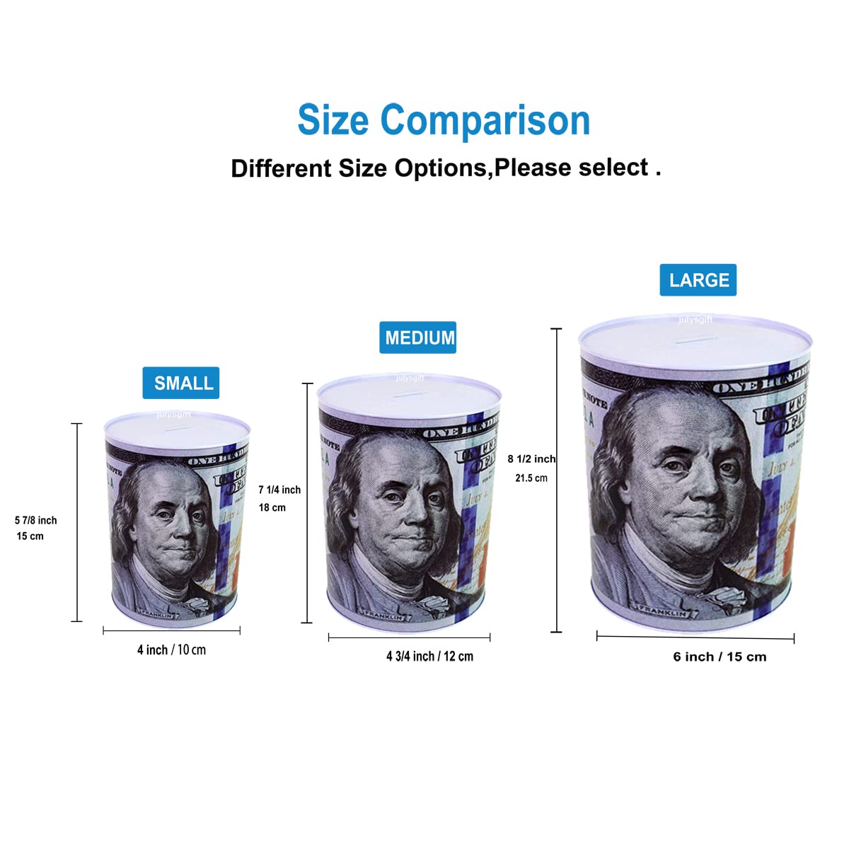 $100 Dollar Bill Piggy Bank 5 7/8'' Tall Coin Saving Money Currency Benjamin Franklin Tin Can Banknote Jar (1 Pack, 7 1/4'' X 4