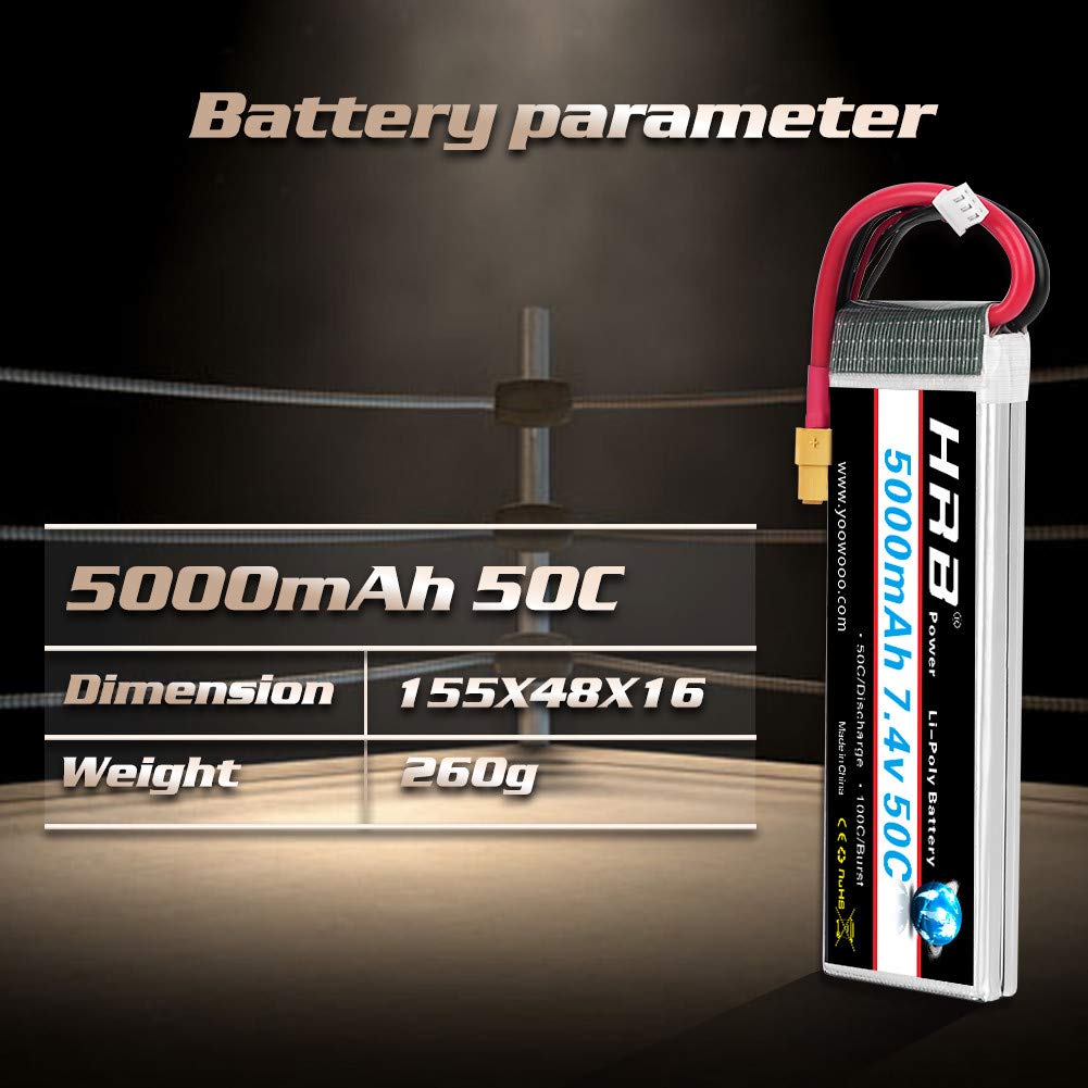 HRB 7.4V 5000mAh 50C XT60 Lipo Battery Compatible with RC Car RC Plane RC Truck RC Boat
