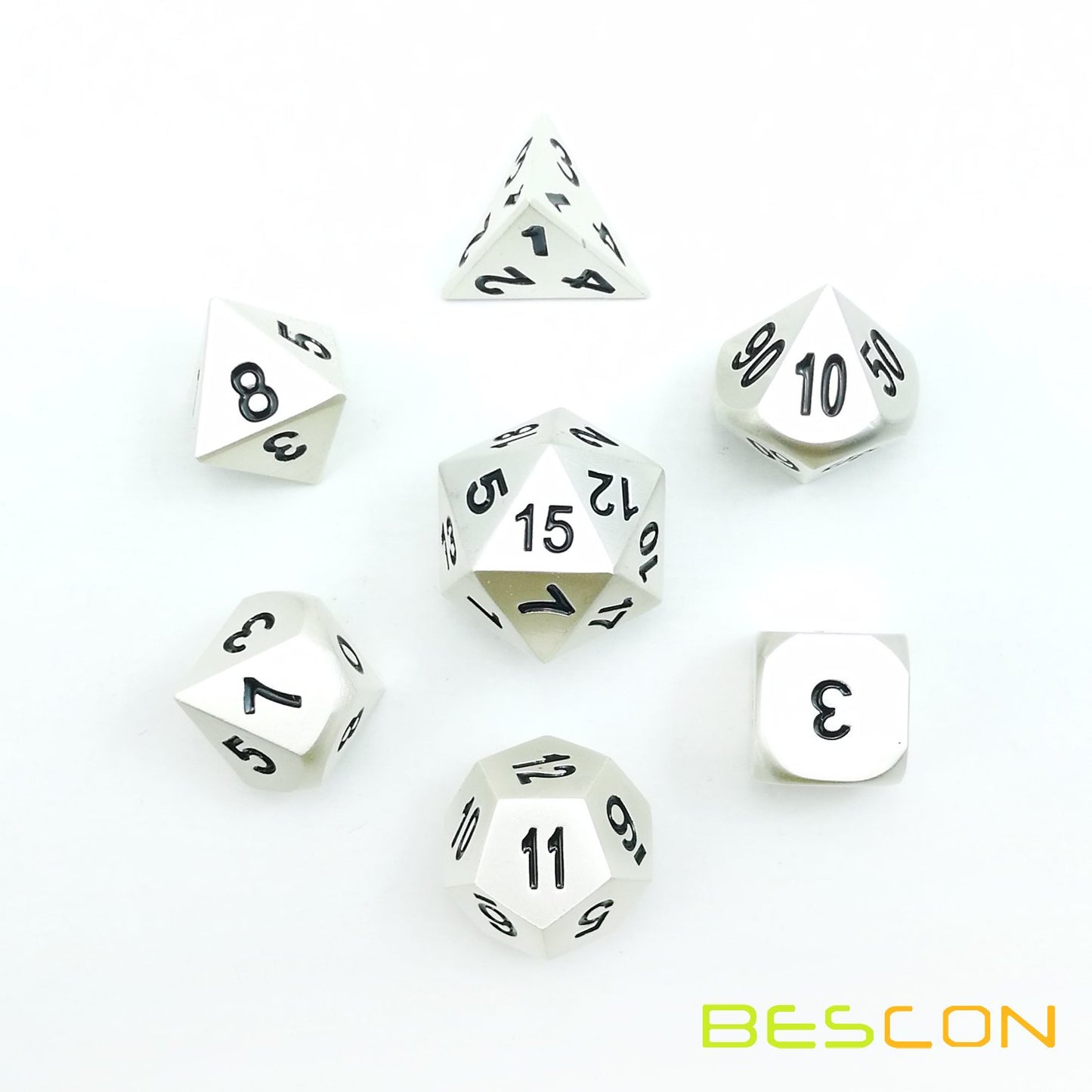 Bescon RPG Metal Dice Set of 7 Matt Pearl Silver Effect Solid Metal Polyhedral RPG Role Playing Game Dice 7pcs Set