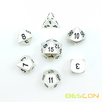 Bescon RPG Metal Dice Set of 7 Matt Pearl Silver Effect Solid Metal Polyhedral RPG Role Playing Game Dice 7pcs Set