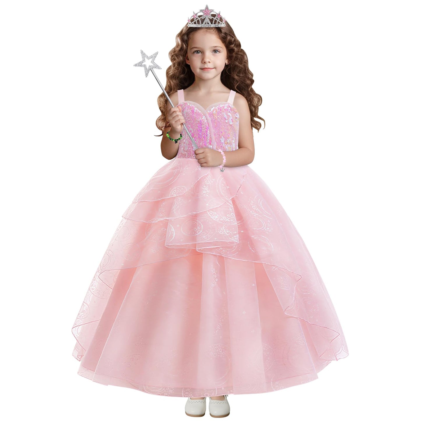 keaiyouhuo Kids Pink Witch Costume for Girls Pink Princess Sequins Tulle Dress Halloween Cosplay Outfits with Crown and Wand