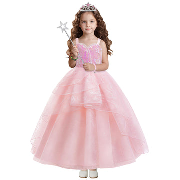 keaiyouhuo Kids Pink Witch Costume for Girls Pink Princess Sequins Tulle Dress Halloween Cosplay Outfits with Crown and Wand