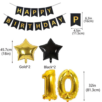 10Th Birthday Decorations For Boys, Double Digits 10Th Birthday Decoration, Black Gold 10Th Birthday Banner Number 10 Foil Ballo