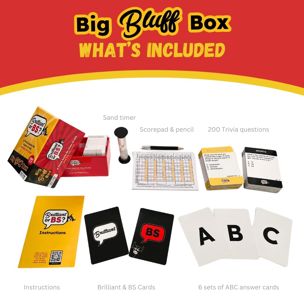 Brilliant or BS? Big Bluff Box - Trivia Game for Adults & Teens, 2-6 Players, Deluxe Edition, Orange, Cardboard