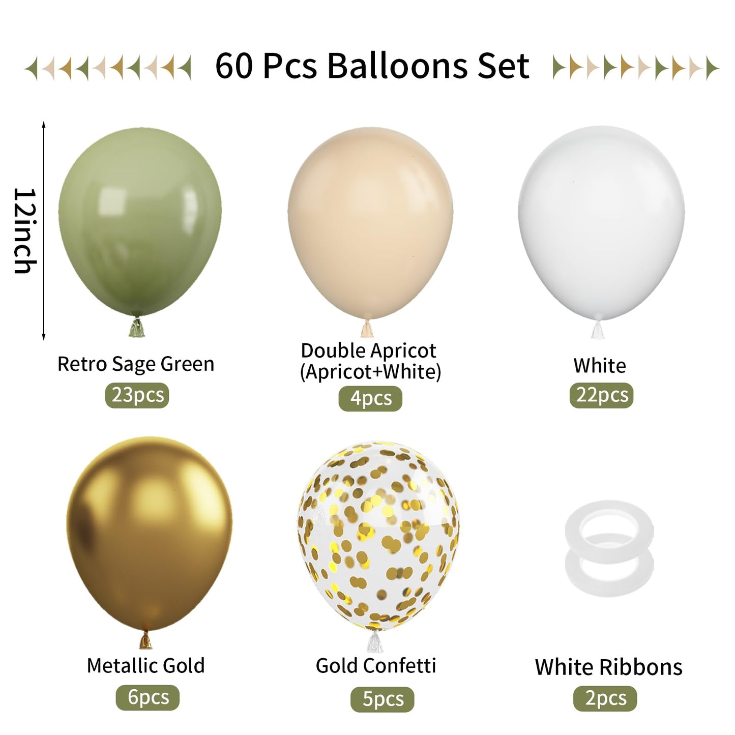 Green And Gold Balloons, 60Pcs Sage Green Apricot Balloons, 12 Inch Metallic Gold Confetti Balloons Retro Green Latex Balloons F