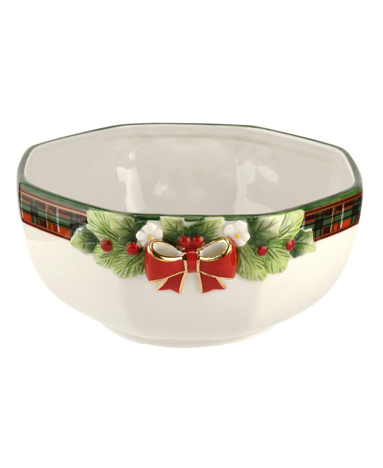 Spode Christmas Tree Tartan Octagonal Bowl - 9in Ceramic with 22 Carat Gold Accents, Red, Model 1698383