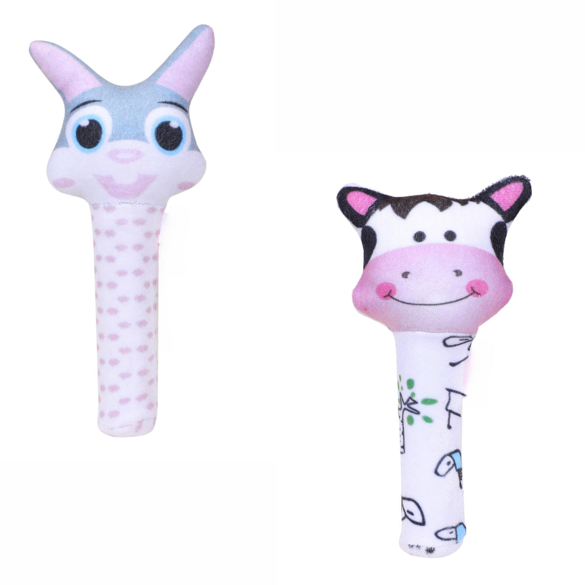 Toytales Cow & Rabbit Baby Rattle Toys | Soft Squeeze Hand Rattle Set For Newborns & Infants | Gentle Sound Plush Toys | Pack Of
