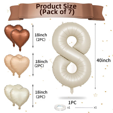 Biapian 40 Inch Cream Number 8 Balloons, Cream White Large 8Th Birthday Balloons With 18'' Foil Cream Heart Balloon Helium For 8