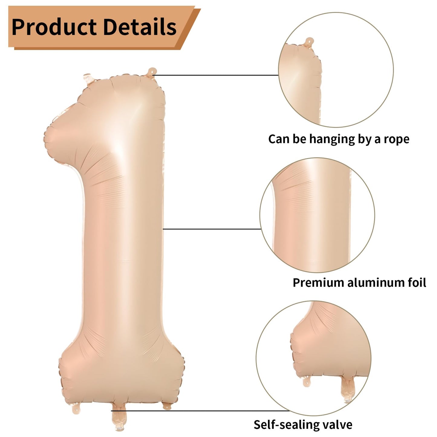 Biapian 40 Inch Light Brown Number 1 Balloon, Caramel Large Number One Balloon Digital With Cream Foil Heart Balloon For 1St Bir