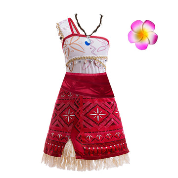hewtwerck Moana Costume for Girls Adventure Outfit Ocean Princess Birthday Party Dress Up with Accessories (White Red, 3Years-4Y