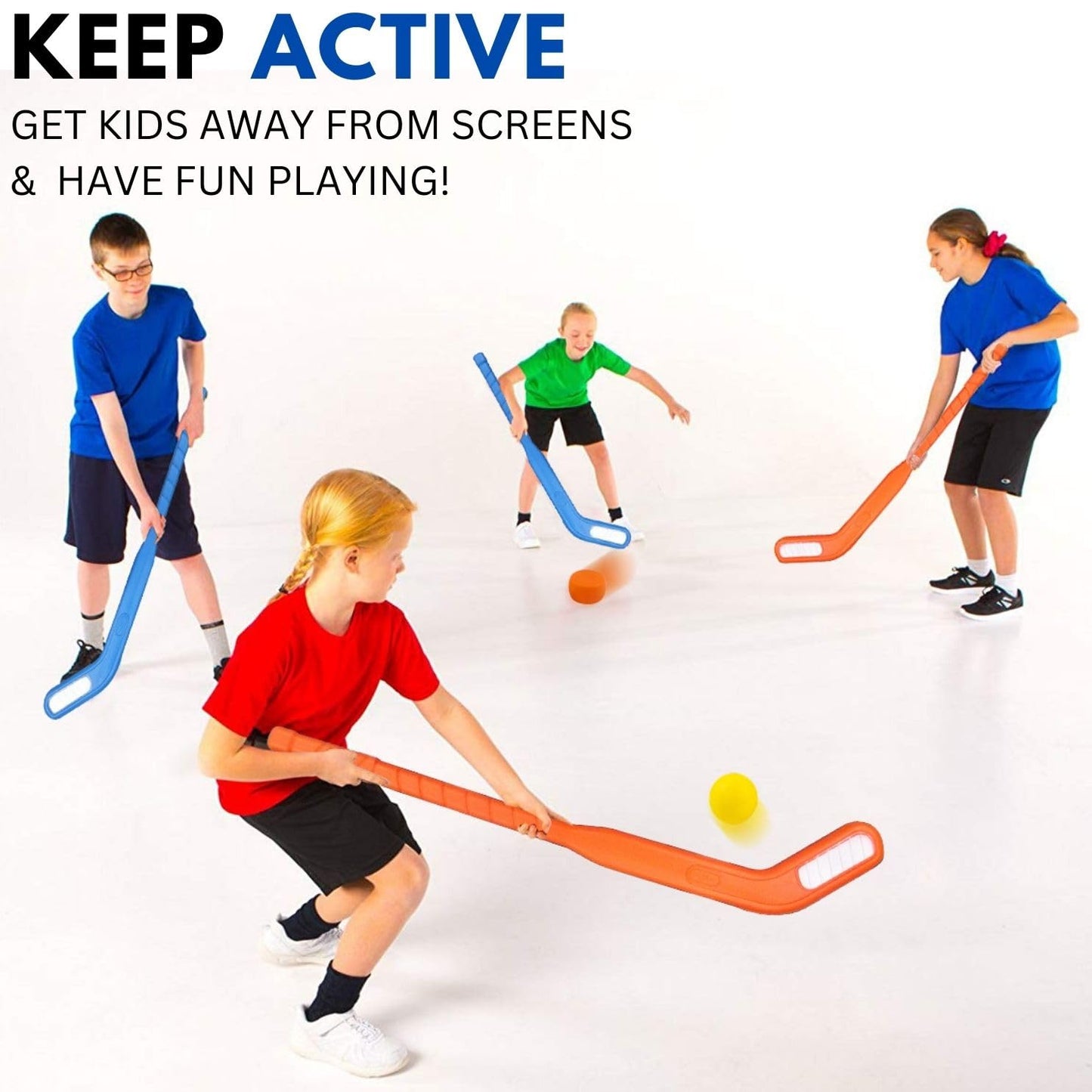 Kids Floor Hockey Stick Bulk Set - 29'' Youth Indoor Toys Sports Starter Set With Large Plastic Pucks And Balls For Toddlers, Ch