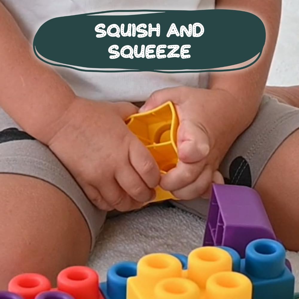 Wabee Baby Large Soft Rubber Toddler Blocks, 50 Pieces In Storage Bin On Wheels - Includes Booklet, Toy, Gift, Birthday, 6M, 1-2