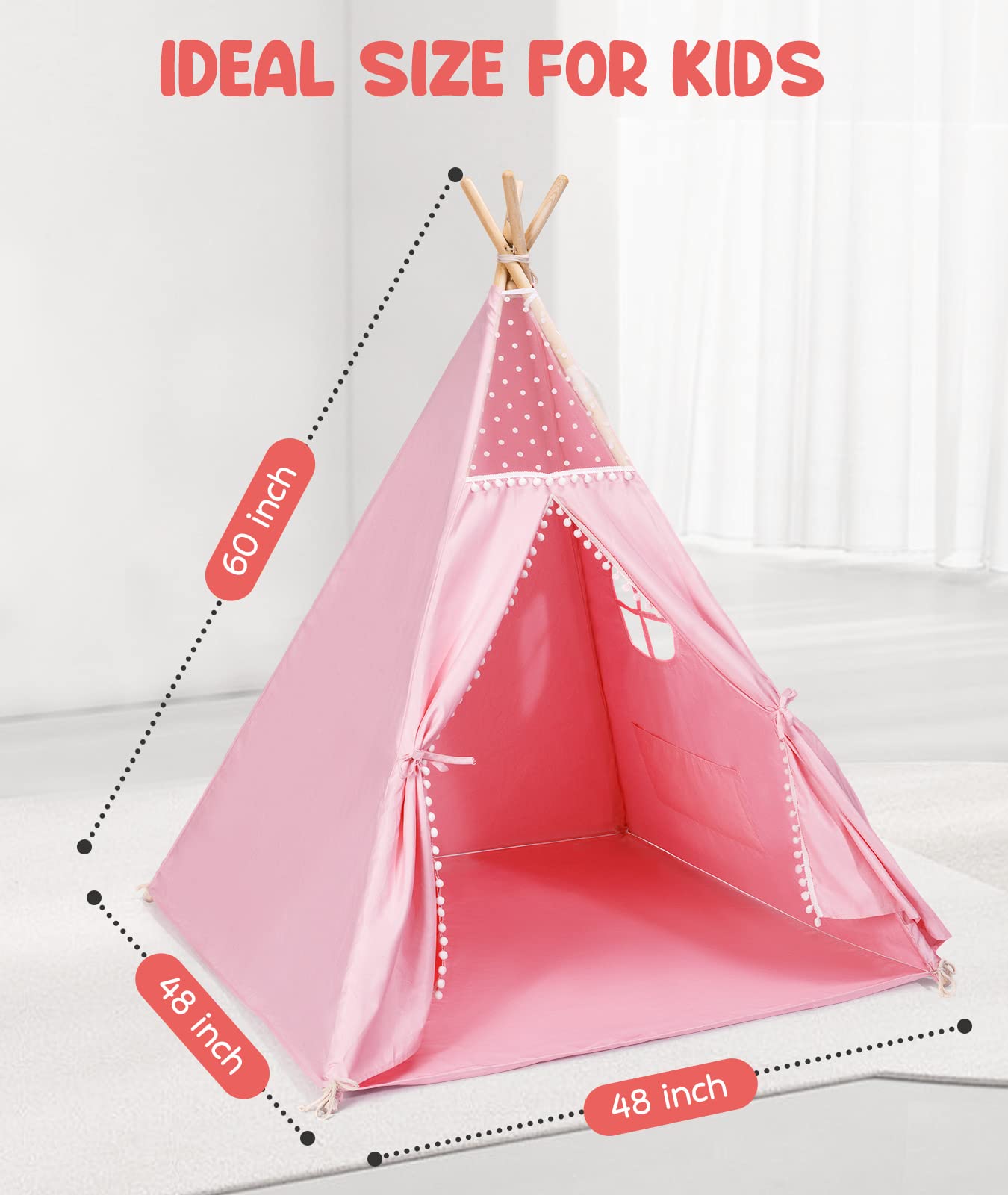 Gamenote Teepee Tent For Kids Indoor Tents With Mat, Inner Pocket, Unique Reinforcement Part - Foldable Kids Play Tent Canvas Tipi Childrens Tents For Girls & Boys (Pink)