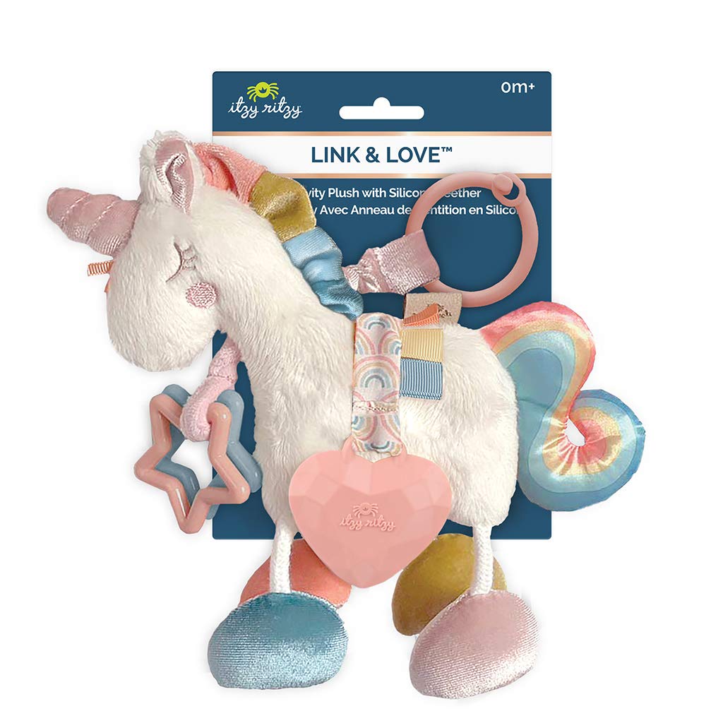 Itzy Ritzy Link & Love Toy For Stroller, Car Seat Or Activity Gym, Features Textured Ribbons, Crinkle Sounds, Clinking Rings & Silicone Teether, Unicorn, 0.29 Lb