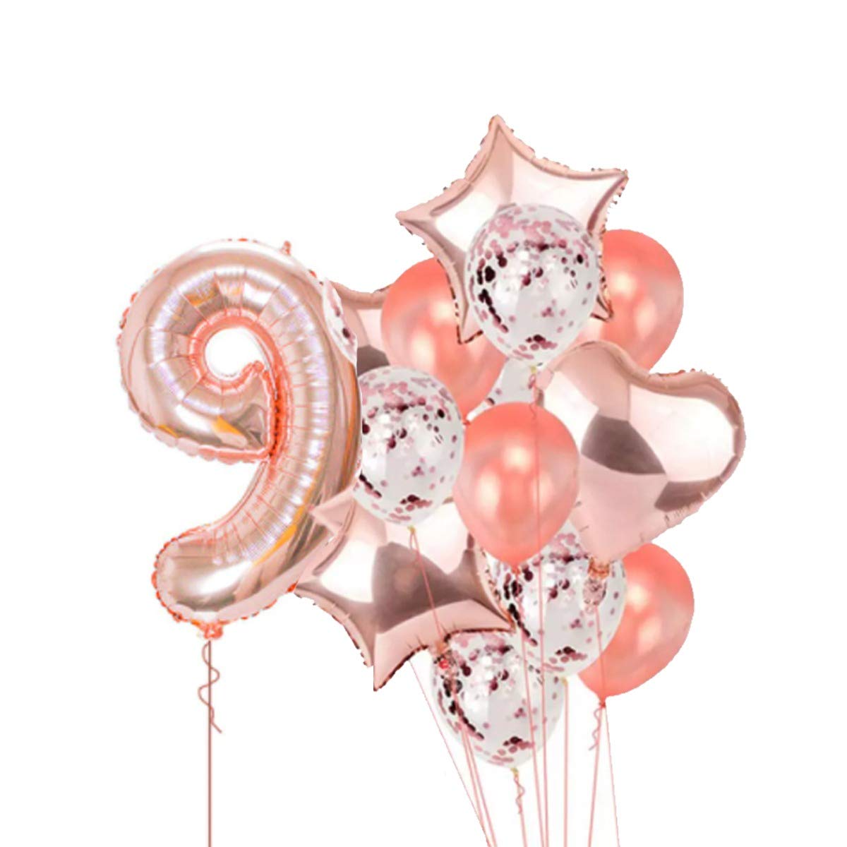 Pop The Party Rose Gold Balloon For 9th Birthday Large Pack of 16 | Rose Gold Confetti Star and Heart Foil Balloon Bouquet For 