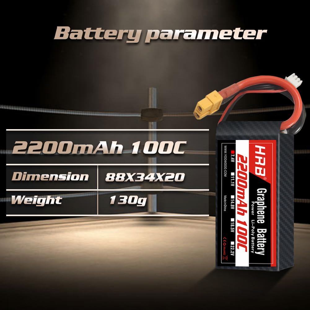 HRB Graphene 2S 2200mAh Lipo Battery 100C 7.4V XT60 RC Lipo Battery Compatible with RC Car RC Truck RC Boat RC Airplane RC Helic