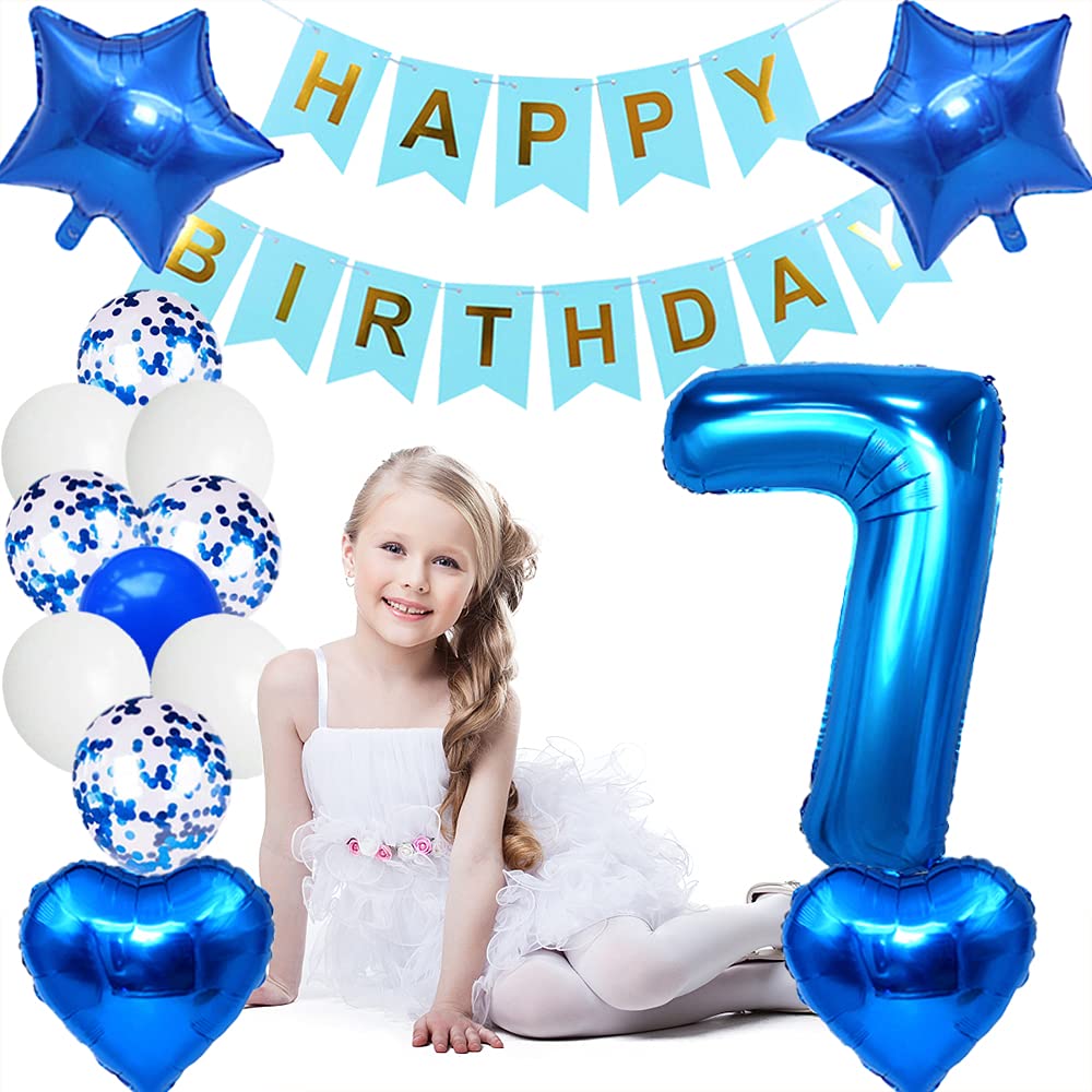 Huture 7 Birthday Party Supplies Blue Number 7 Foil Balloon Happy Birthday Banner Kit 7Th Birthday Decoration White Blue Latex C