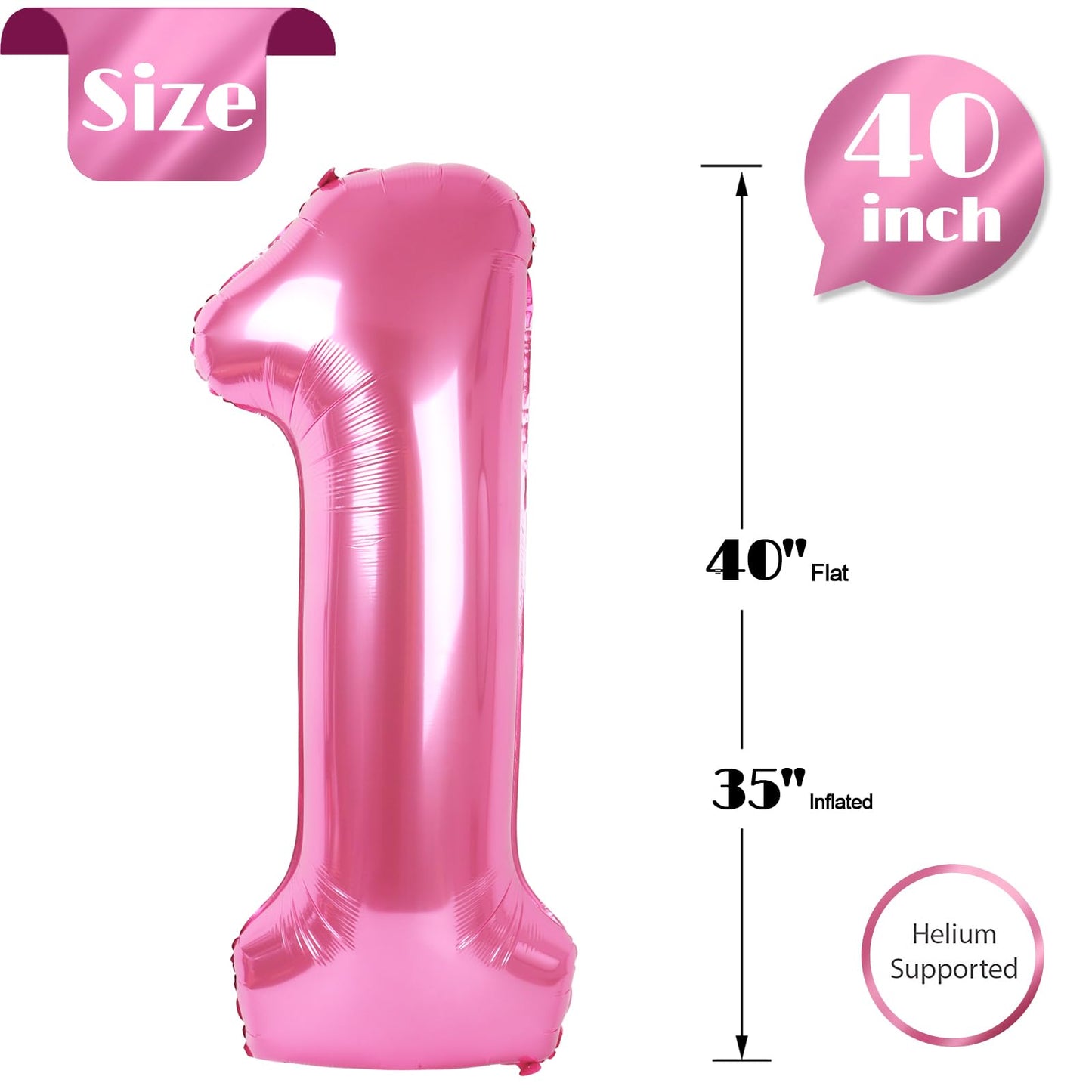 IWERP 40 Inch Pink Number 1 Balloon - Mylar Foil Birthday Decoration for First Birthday Party Girls