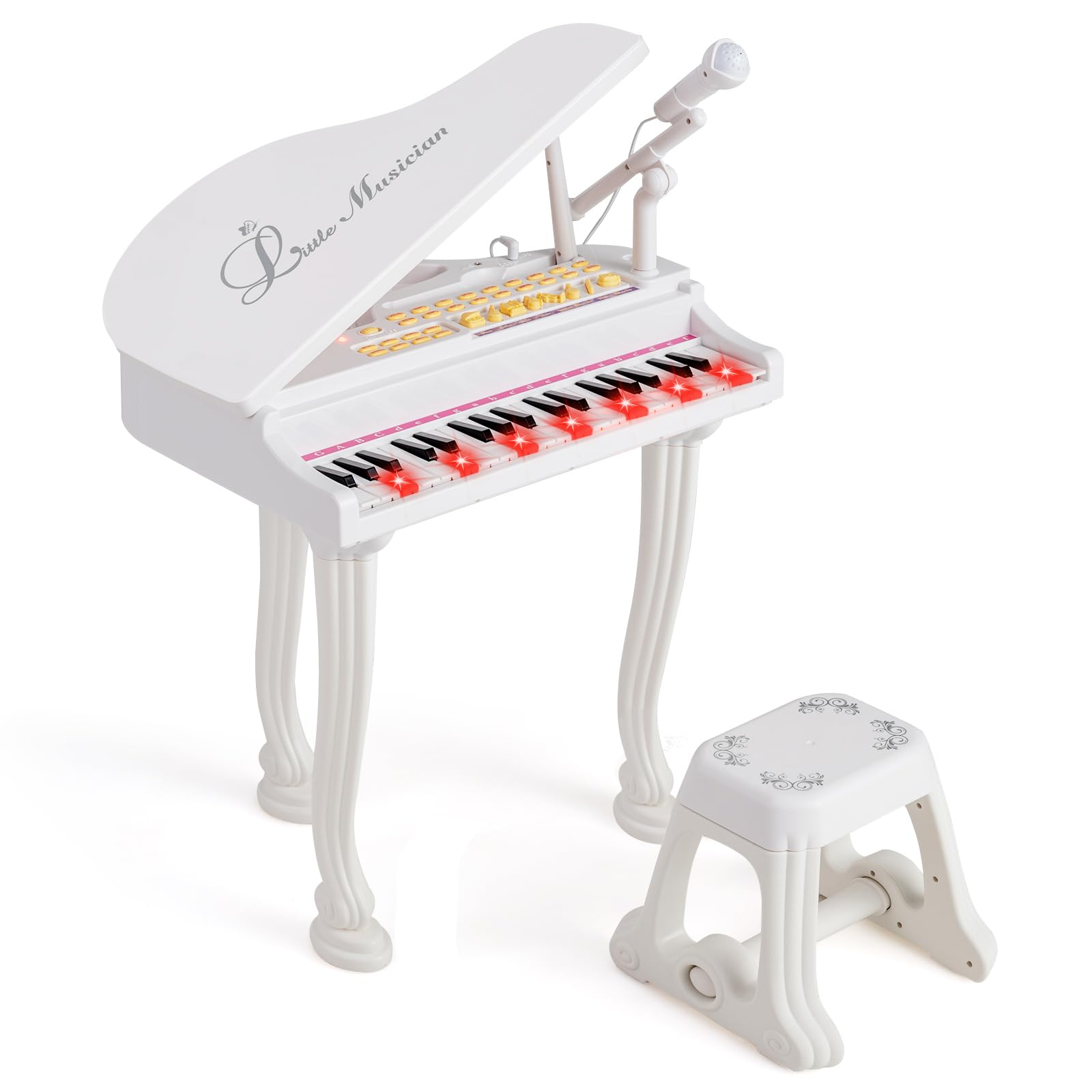 HONEY JOY Classical Kids Piano, 37-Key Toy Mini Grand Piano with Music Stand & Stool, Portable Electronic Educational Musical In