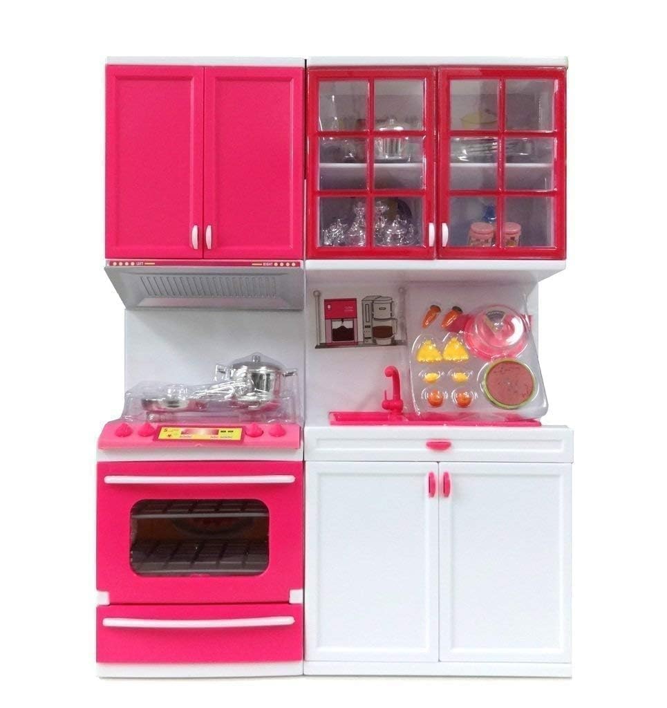 Kids Pretend Play Kitchen Set with Stove, Oven, Sink, Storage Cabinets, Cookware & Food Accessories, Cooking Role Play Toy for B