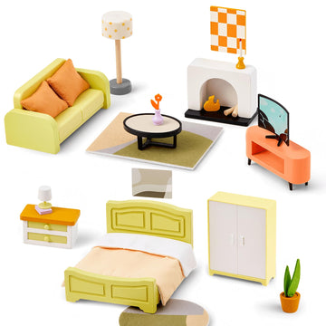 Giant Bean 27Pcs Green Wooden Plastic Dollhouse Furniture, Modern Living Room Bedroom Set, Dollhouse Accessories Pretend Play Fu
