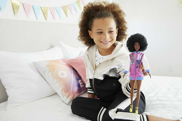 Barbie Fashionistas Doll #156 With Brunette Afro & Blue Lips Wearing Graphic Coat Dress & Yellow Shoes, Toy For Kids 3 To 8 Year