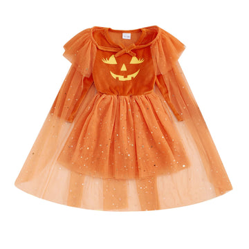 Toddler Kids Little Girl Halloween Costumes Witch Sparkle Cape Glitter Cloak Pumpkin Dress Baby Party Outfit (A Pumpkin Dress Ca