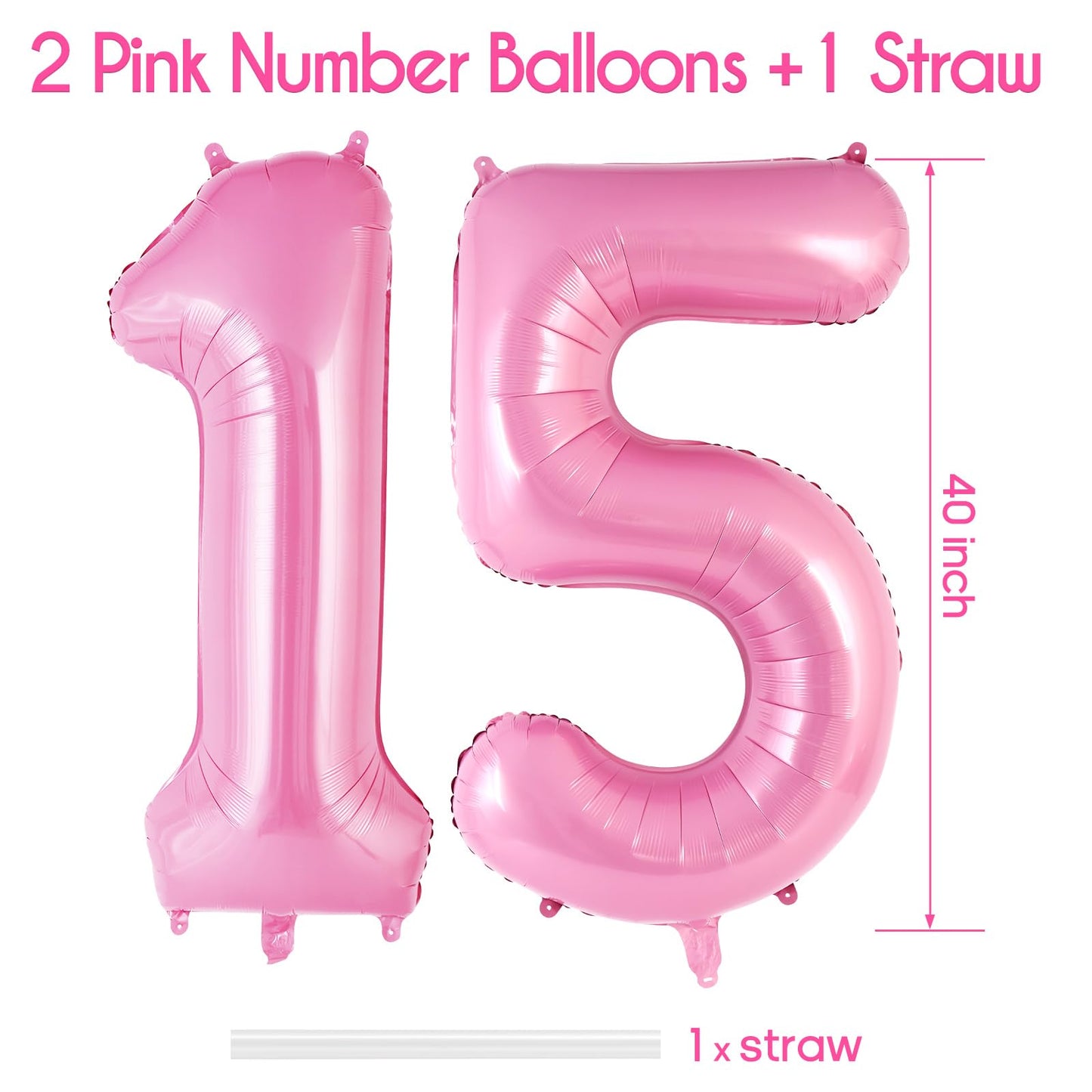 Pink Number 15 Balloon, 40 Inch Big Large Foil Helium Number Balloons, Giant Mylar Number 15 Balloons For 15 Year Old Birthday P