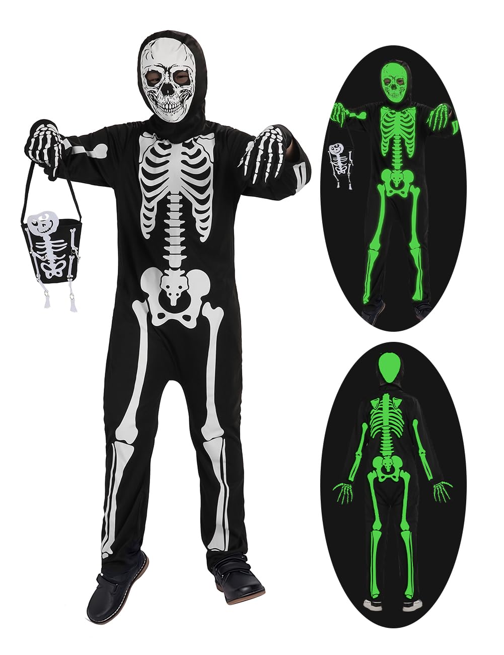 qqpouc Halloween skeleton costume kids glow in the dark skeleton costume on both sides Skuller candy bag for boys and grils