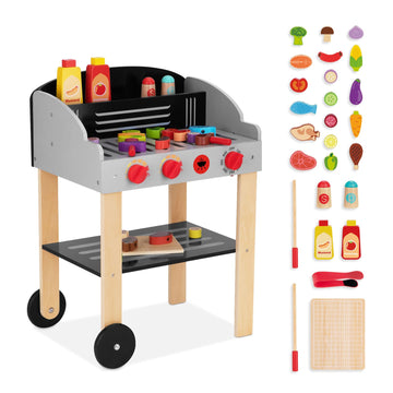 Oook Kids Grill Playset Wooden Barbecue Toy Grill With Play Food Toy And Grilling Tools, Play Kitchen Accessories For Toddlers A