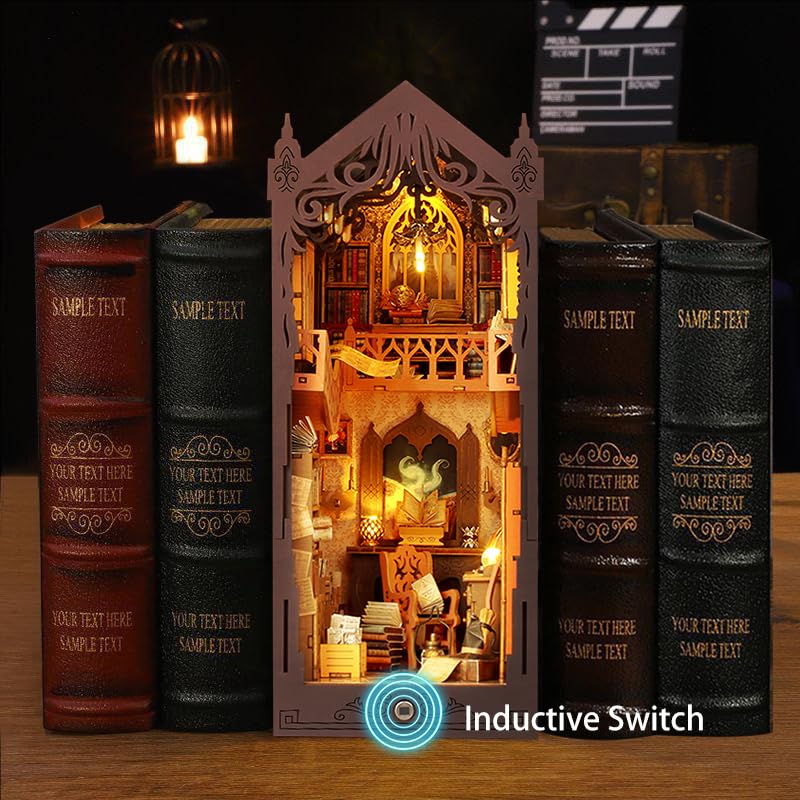 Diy Book Nook Kit, Dollhouse Wooden Mini House Kit, 3D Wooden Puzzle Book Nook Kit With Sensor Led Lights, Bookshelf Insert Deco