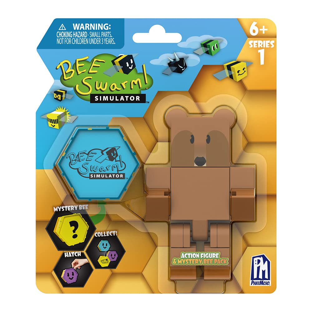 Bee Swarm Simulator Brown Bear Action Figure Pack - 5" Plastic Figure with Mystery Bee & Honeycomb Case, Model AF9206