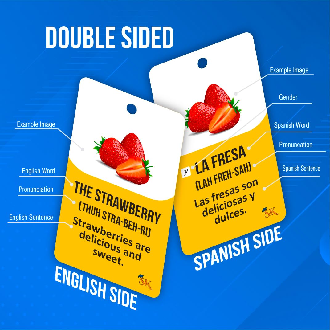 Study Key English Spanish Flash Cards - 300 Vocabulary Cards for Adults & Kids, Medium Size, Cardstock Material